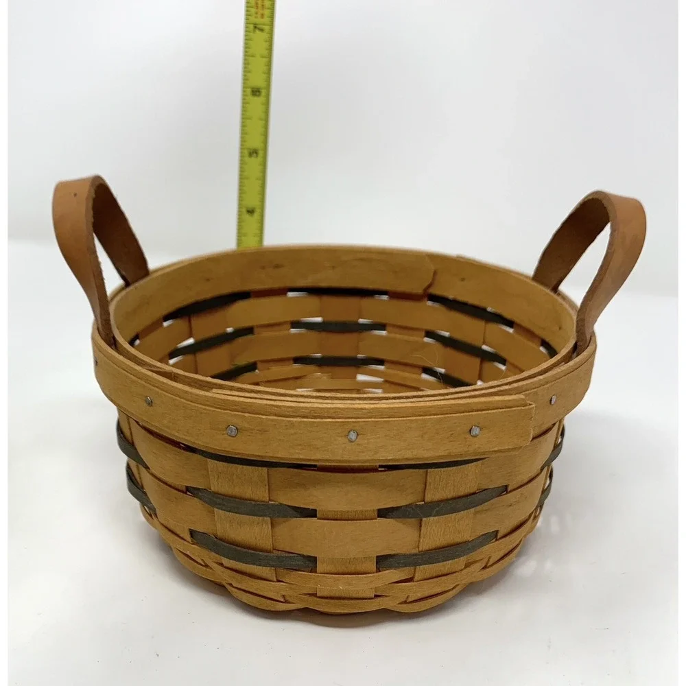 Longaberger 1996 Round Basket Leather Handles 6.5 Inch Fabric Liner, Protector